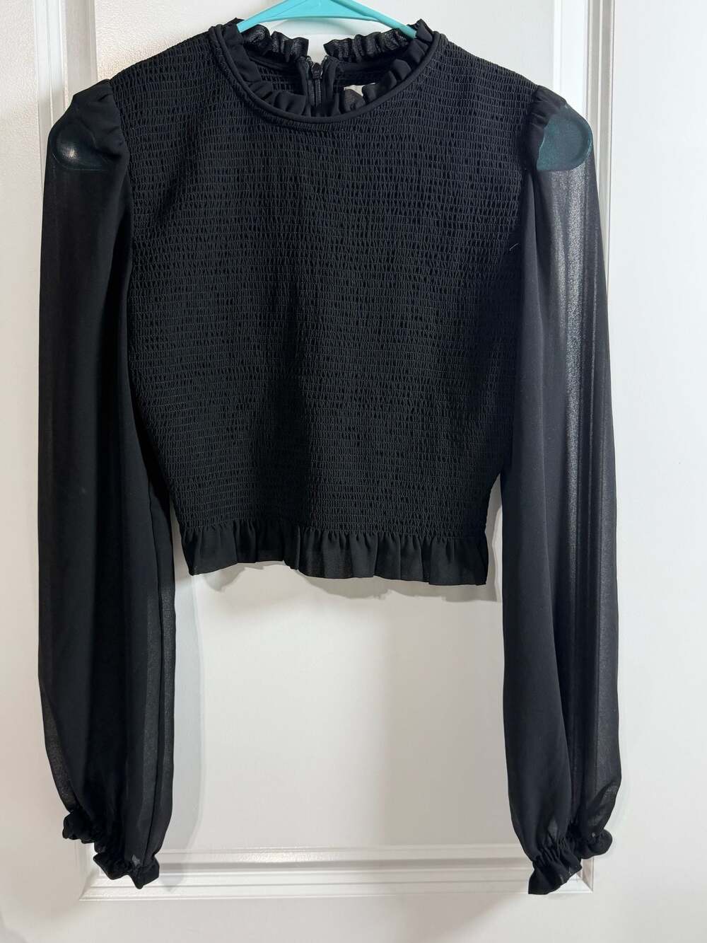Wilfred Aritzia Black Tempest Smocked Blouse with Sheer Long Sleeves